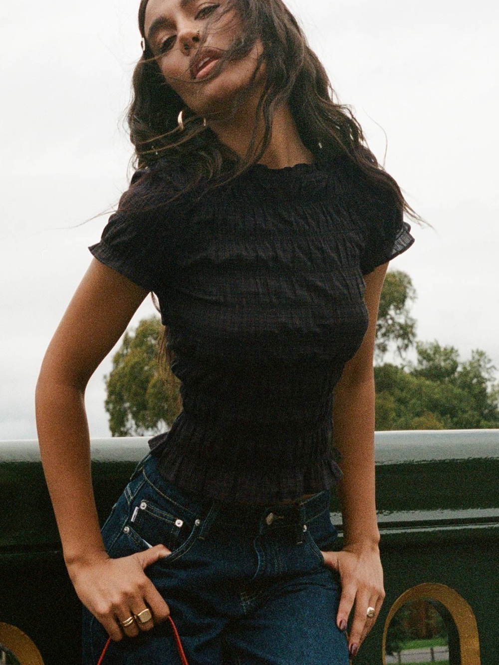 Princess Polly Romelle Shirred Top Black / Brown Plaid
